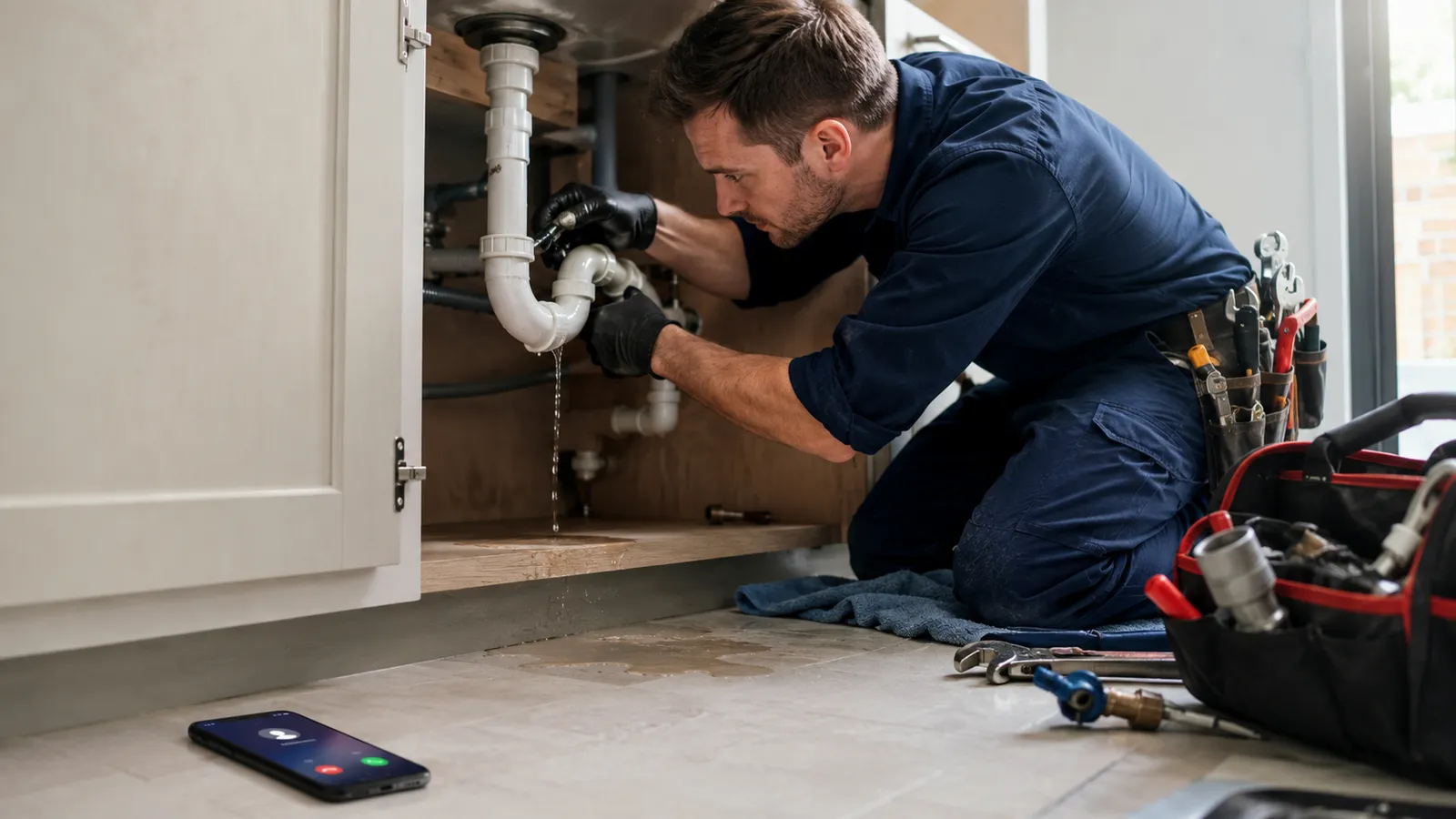 A plumber kneeling under a kitchen sink with both hands on a leaking pipe while his phone rings unanswered on the floor beside him