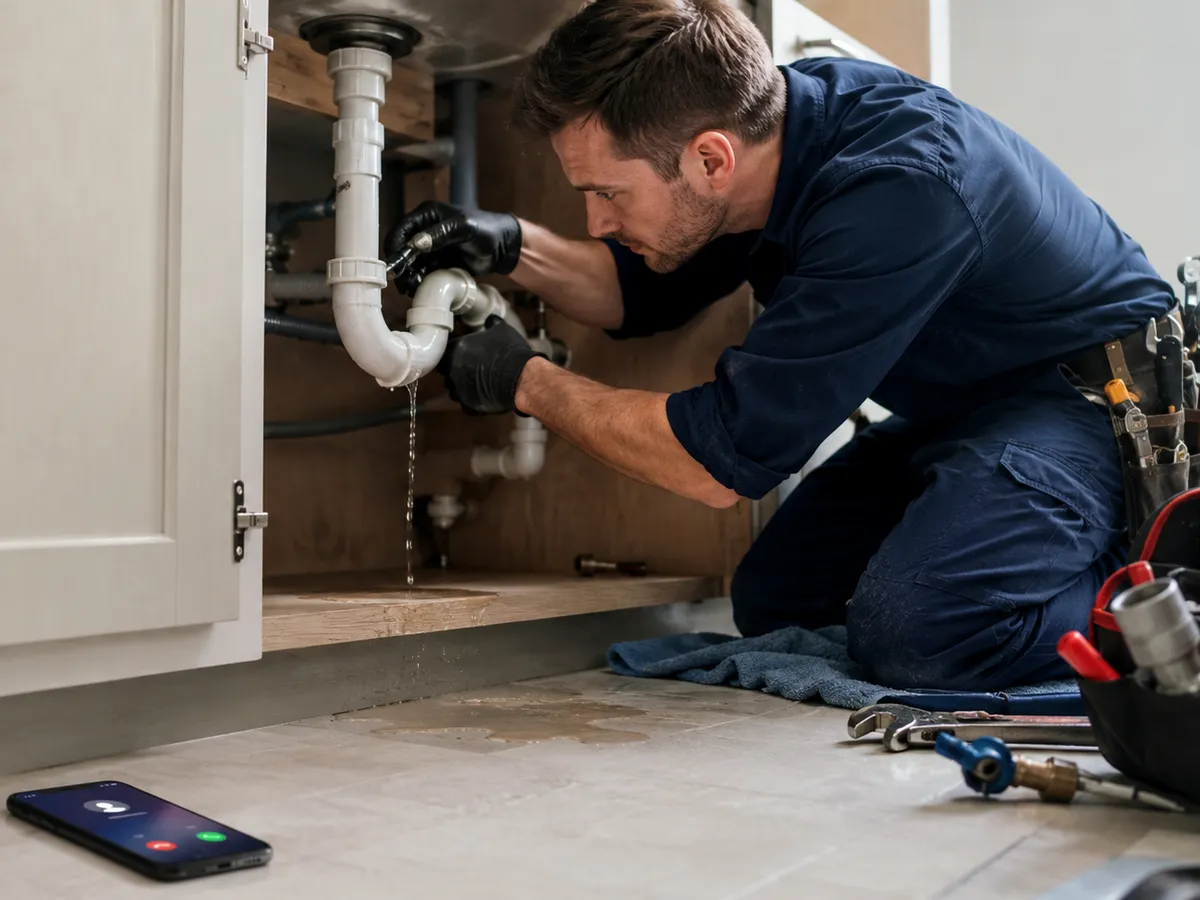 A plumber kneeling under a kitchen sink with both hands on a leaking pipe while his phone rings unanswered on the floor beside him