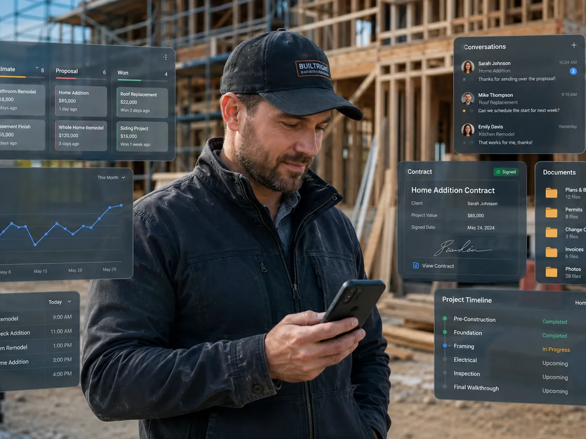 A contractor on a construction site checking his phone, surrounded by CRM dashboard panels showing a project pipeline, sales report, tasks, conversations, and documents.