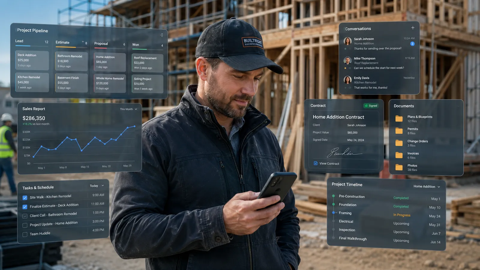 A contractor on a construction site checking his phone, surrounded by CRM dashboard panels showing a project pipeline, sales report, tasks, conversations, and documents.