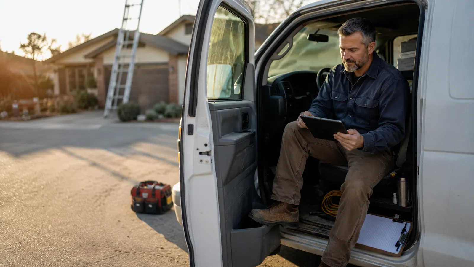 A contractor sitting in the open door of his work van at a residential job site, using a tablet.