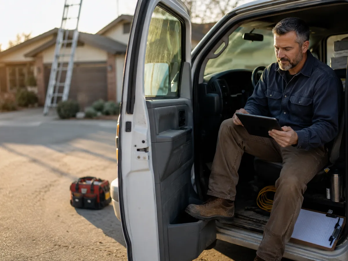 A contractor sitting in the open door of his work van at a residential job site, using a tablet.